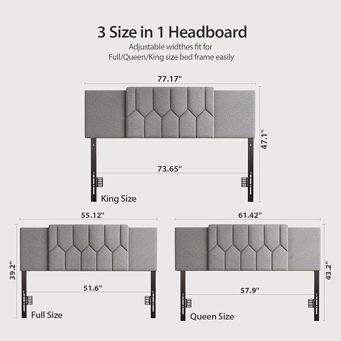 Upholstered Tufted Headboard, 3 in 1 Headboard for Full/Queen/King Size Bed, Height & Width Adjustable Head Boards, Attach Frame, Study & Comfortable, Ideal for Bedroom, Dorm, Guest Room, Grey