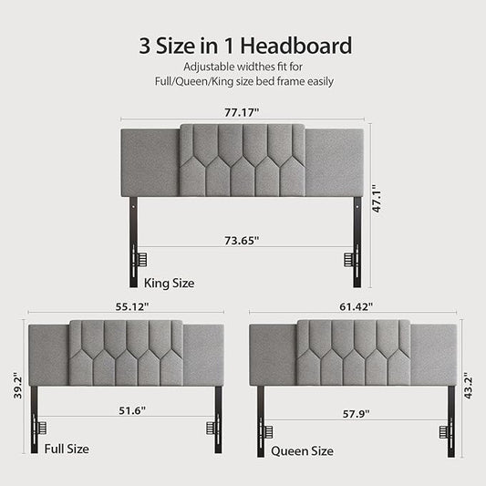 Upholstered Tufted Headboard, 3 in 1 Headboard for Full/Queen/King Size Bed, Height & Width Adjustable Head Boards, Attach Frame, Study & Comfortable, Ideal for Bedroom, Dorm, Guest Room, Grey