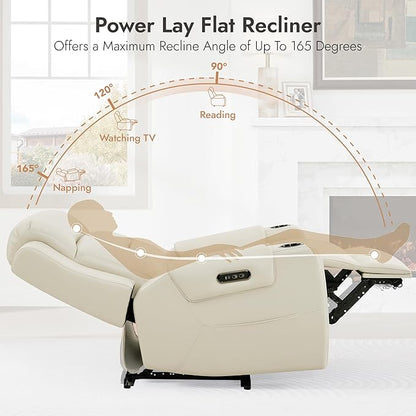 Watson & Whitely Oversized Genuine Leather Power Recliner Chairs for Big and Tall, Extra Wide Lay Flat Recliner with Power Headrest & Cup Holders, Electric Reclining Sofa for Living Room, Cream