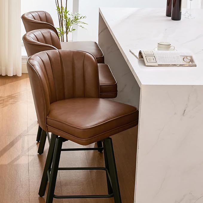 Swivel Counter Height Bar Stools Set of 4, 30'' Modern Barstools with Backs and Metal Legs, Upholstered Bar Chairs, Faux Leather Dark Brown Stools for Kitchen Island Chairs