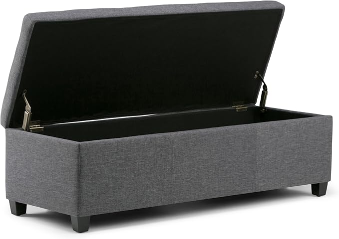 SIMPLIHOME Avalon 48 inch Wide Contemporary Rectangle Storage Ottoman Bench in Slate Grey Linen Look Fabric, Assembled, for the Living Room, Entryway and Family Room