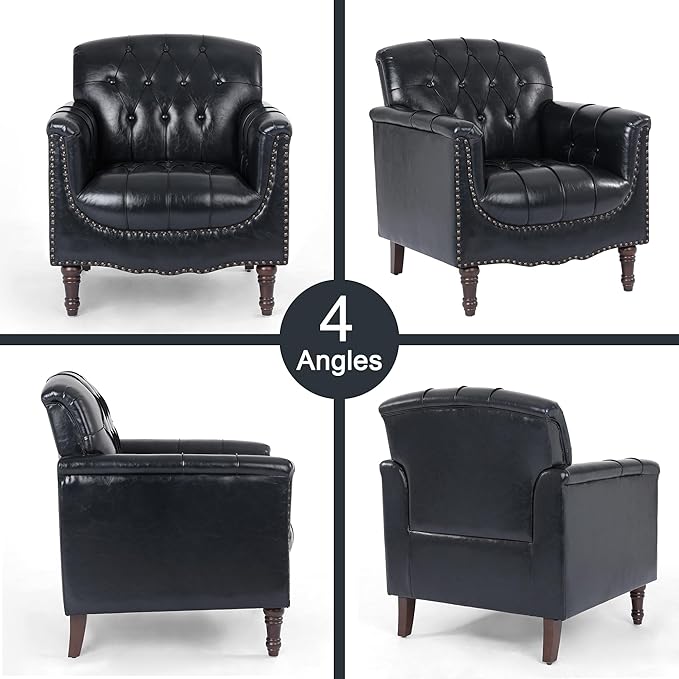 Lumibee Faux Leather Armchair, Contemporary Accent Chair with Nailhead Trims & Wood Legs for Living Room, Upholstered Comfy Arm Chair for Office,Bedroom-Blue Black