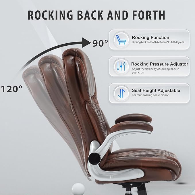 Executive Office Chair Brown, PU Leather High Back Office Desk Chairs with Wheels, 90-120° Rocking Managerial Ergonomic Big Tall Home Computer Chairs with Flip up Arms and Lumbar Support