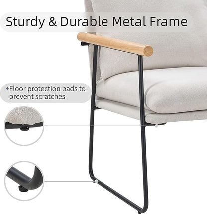 Accent Chair for Living Room,Arm Chair for Bedroom,with Wooden Arms, Wide Large Plus Size Cushion,Metal Frame,Reading Bedroom Chair Armchair for Home/Office/Cafe/Apartment/Waiting Room,White