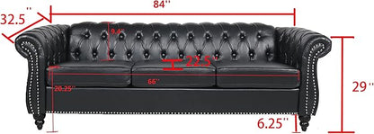 LEVNARY Chesterfield Sofa, Classic Tufted Upholstered Leather Couch, Modern 3 Seater Couch Furniture with Tufted Back for Living Room Office (Black)