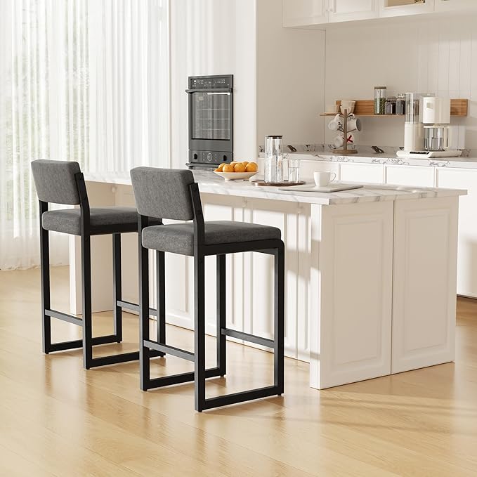 Bar Stools Set of 3, Fabric Counter Height Bar Stools with High Back and Metal Legs, Upholstered Bar Chairs, 26" Modern Barstools for Kitchen Island, Grey