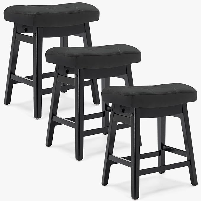 Counter Height Black Bar Stools Set of 3 for Kitchen Counter Farmhouse Modern Barstools with Faux Leather Upholstered Backless Seat and Solid Wood Legs 24 inch Bar Chairs