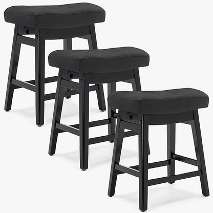 Counter Height Black Bar Stools Set of 3 for Kitchen Counter Farmhouse Modern Barstools with Faux Leather Upholstered Backless Seat and Solid Wood Legs 24 inch Bar Chairs