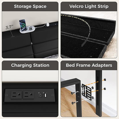 Full/Queen Size Upholstered Velvet Headboard, Adjustable Head Boards with LED Light & Charging Station, Bed Headboard Only, Attach Frame, Study & Comfortable, Ideal for Bedroom, Dorm, Black