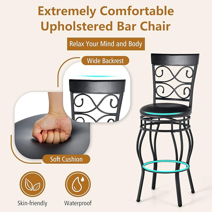 COSTWAY Bar Stools Set of 2, 360 Degree Swivel, 30" Bar Height Bar Stools, Leather Padded Seat Bistro Metal Bar Chairs with Back for Kitchen Island, Pub (Set of 2)