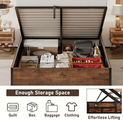 Queen Size Lift-Up Storage Platform Bed Frame, Metal Bed Frame with Wooden Slats Support, Spacious Underneath Storage, No Box Spring Required, Noise-Free, Rustic Brown