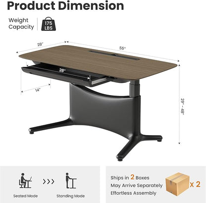 COLAMY Electric Standing Desk, Whole-Piece Gaming Desk with Dual Motors, Ergonomic Footrest, Drawers for Storage, Adjustable Height Sit-Stand Desk for Home Office (Veneer Desktop, Walnut + Black)
