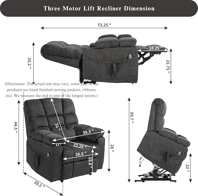3-Motor Lift Chair with Adjustable Seat Height Zero Gravity Lay Flat Recliner with Heat Massage, Big Man Lift Recliners 400 lbs for Elderly Storage Cup Holders, Tall Man Recliners