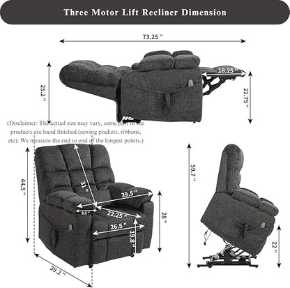 3-Motor Lift Chair with Adjustable Seat Height Zero Gravity Lay Flat Recliner with Heat Massage, Big Man Lift Recliners 400 lbs for Elderly Storage Cup Holders, Tall Man Recliners