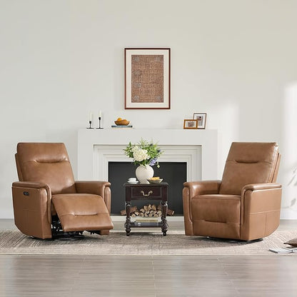 Watson & Whitely Genuine Leather Power Recliner Chairs W Power Headrest for Adults, Swivel Glider Recliner Chair W Charging Ports for Living Room, Saddle