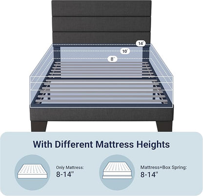 Allewie Twin Size Platform Bed Frame with Fabric Upholstered Headboard and Wooden Slats Support, Fully Upholstered Mattress Foundation/No Box Spring Needed/Easy Assembly, Dark Grey