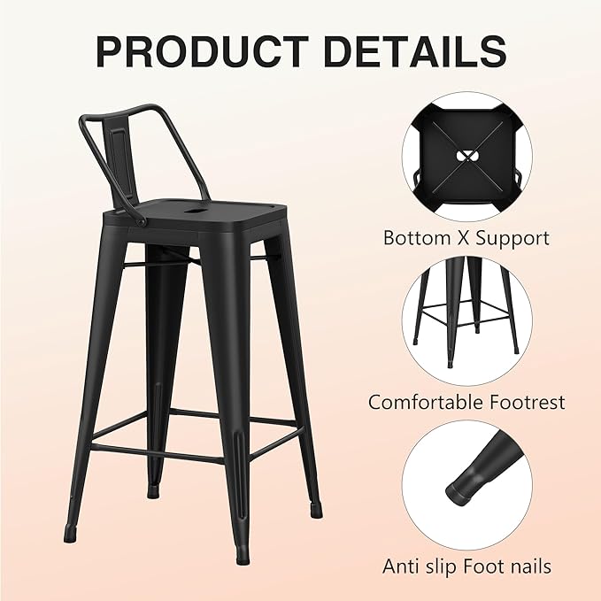 HAOBO Home Metal Bar Stools Set of 2 Low Back Counter Height Barstools 24" Industrial Barstool Patio Stool Metal Kitchen Stools Bar Chairs for Indoor Outdoor