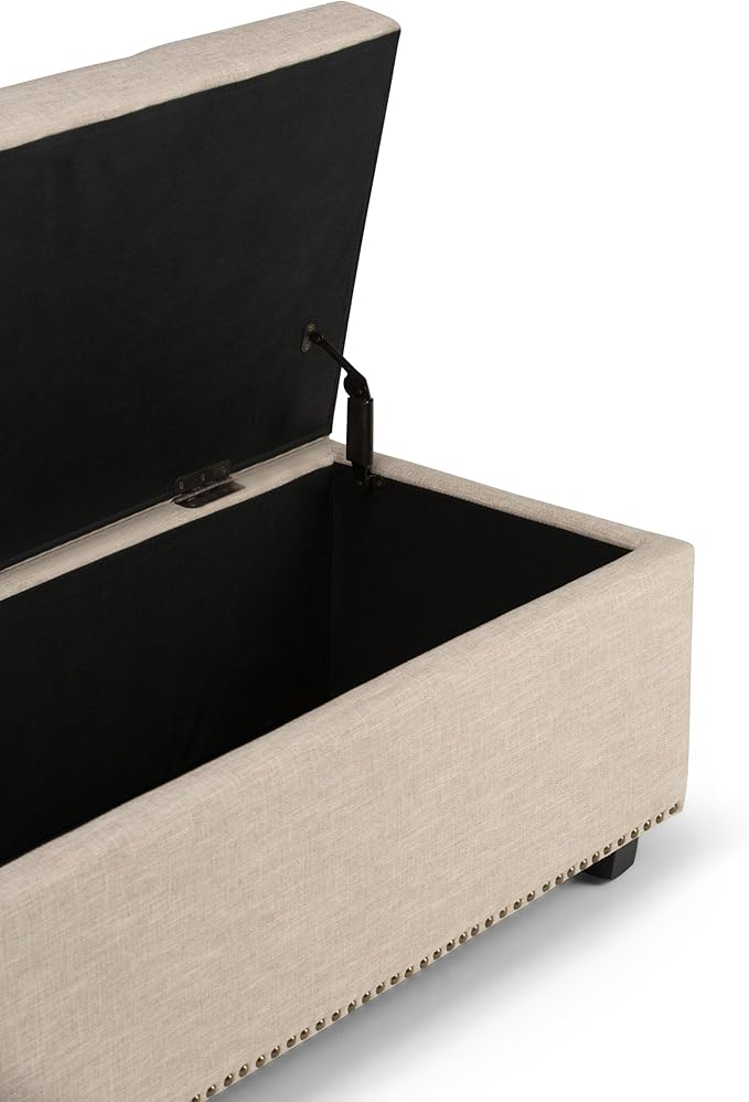 SIMPLIHOME Hamilton 48 inch Wide Transitional Rectangle Storage Ottoman in Natural Linen Look Fabric, Assembled, For the Living Room, Entryway and Family Room