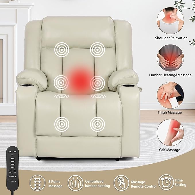 EONIX Dual Motor Oversized Power Lift Recliner Chair for Elderly, 400lbs Heavy Duty Faux Leather Recliner with Massage and Heat, Lay Flat Big and Tall Lift Chair with Cup Holders, Cream White