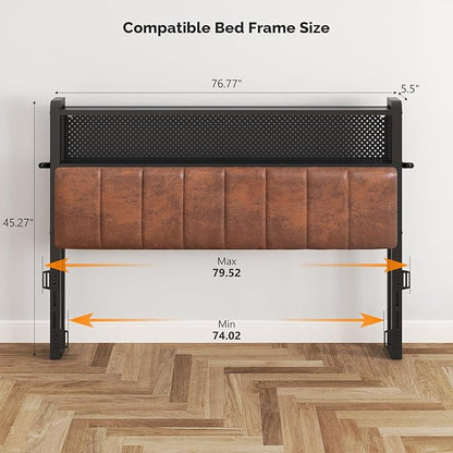 VINGLI King Size Headboard Only, Adjustable Upholstered Headboard with 2 Tier Shelves and Pegboard with Charging Stations and LED Lights, Modern Bed Headboard with Storage for Bedroom Decor