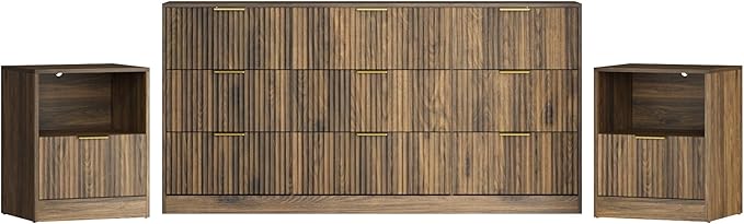 3-Piece Modern Bedroom Furniture Set, Wide 9-Drawer Dresser & 1-Drawer Nightstands Set of 2, Natural Wood Dresser and Nightstand Sets for Bedroom, Hallway, Walnut