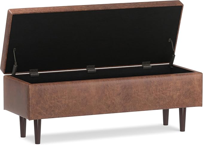 SIMPLIHOME Shay 48 inch Wide Mid Century Modern Rectangular Storage Ottoman in Distressed Saddle Brown Vegan Faux Leather, Assembled, For the Living Room, Entryway and Family Room