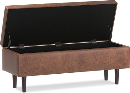 SIMPLIHOME Shay 48 inch Wide Mid Century Modern Rectangular Storage Ottoman in Distressed Saddle Brown Vegan Faux Leather, Assembled, For the Living Room, Entryway and Family Room