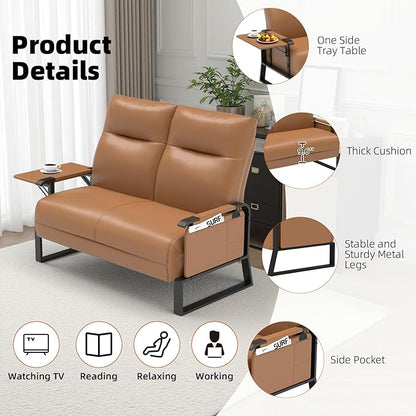 Faux Leather Loveseat, Upholstered Loveseat with Side Tray Table & Storage Pocket, Small Loveseat for Living Room, Modern 2 Seater Sofa Couch for Small Spaces, Bedroom, Brown