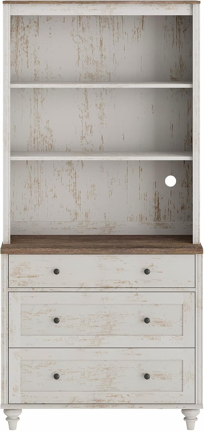 WAMPAT 3 Tier Bookshelf with 3 Drawers, 72" Tall Bookcase Large Farmhouse Display Book Case Shelf with 3-Tier Open Book Shelfs，Library Wood Bookshelves for Living Room,Kitchen, Rustic White