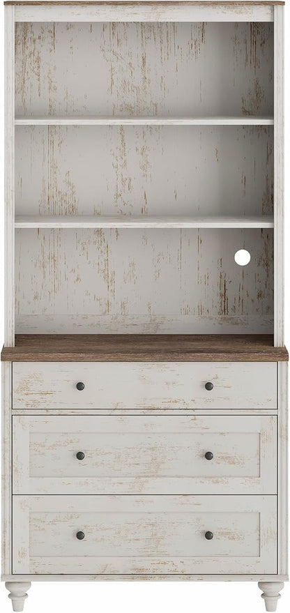 WAMPAT 3 Tier Bookshelf with 3 Drawers, 72" Tall Bookcase Large Farmhouse Display Book Case Shelf with 3-Tier Open Book Shelfs，Library Wood Bookshelves for Living Room,Kitchen, Rustic White