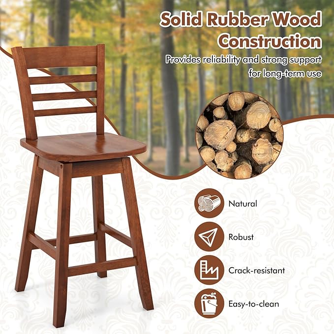 COSTWAY Bar Stools Set of 2, 24.5 Inch Swivel Counter Height Bar Chairs with Hollow Backrest & Contoured Seat, with Footrest for Kitchen Island, Pub, Bistro, Cafe (2, Walnut)