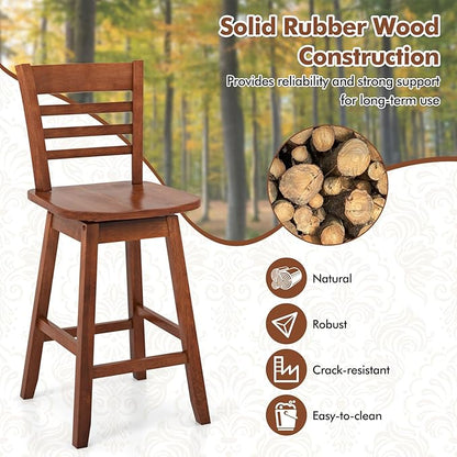 COSTWAY Bar Stools Set of 2, 24.5 Inch Swivel Counter Height Bar Chairs with Hollow Backrest & Contoured Seat, with Footrest for Kitchen Island, Pub, Bistro, Cafe (2, Walnut)