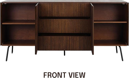 NTC Veil Large Sideboard with 2 Doors and 3 Drawers, Buffet Cabinet with Vertical Groove Design and Metal Legs, Storage Cabinet for Living Room, and Entryway, Effortless Assembly - Dark Walnut