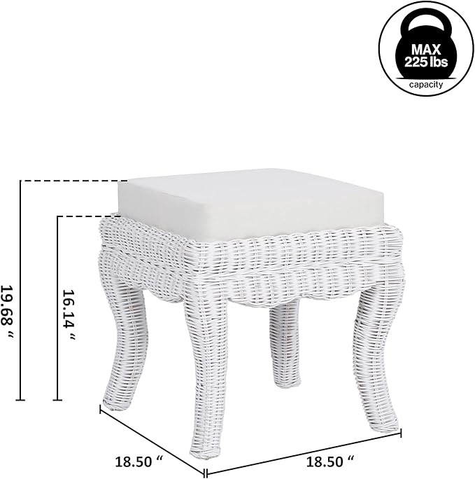 JONATHAN Y VSL1000D Rowan 19.7" Bohemian Designer Woven Rattan/Wood Ottoman Vanity Stool, White Cushion Seat with White Distressed Binded Base, for Living Room, Bedroom, Entryway, Foyer