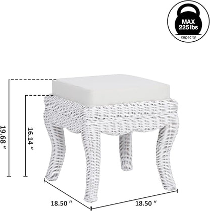 JONATHAN Y VSL1000D Rowan 19.7" Bohemian Designer Woven Rattan/Wood Ottoman Vanity Stool, White Cushion Seat with White Distressed Binded Base, for Living Room, Bedroom, Entryway, Foyer