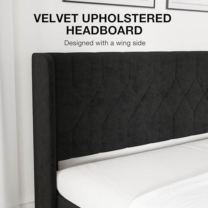 Novilla King Bed Frame, King Bed Frame with Headboard, Velvet Upholstered Pull-Point Wing Side Headboard, No Box Spring Needed, Heavy Duty Feet, Easy Assembly, Black Velvet