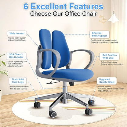 Ergonomic Office Chair Desk Chair Dual-backrest Computer Chair with Flexible Lumbar Support and Adjustable Height, 500lbs Extra Wide Seat with Wheels, for Home & Office Use Blue