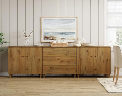 WAMPAT Sideboards Buffet Cabinet, 3-in-1 Wood Wide Credenza Storage Cabinet with 4 Doors and 3 Drawers, Modern Kitchen Coffee Bar Table with Storage for Living Room Dining Room, Oak Brown