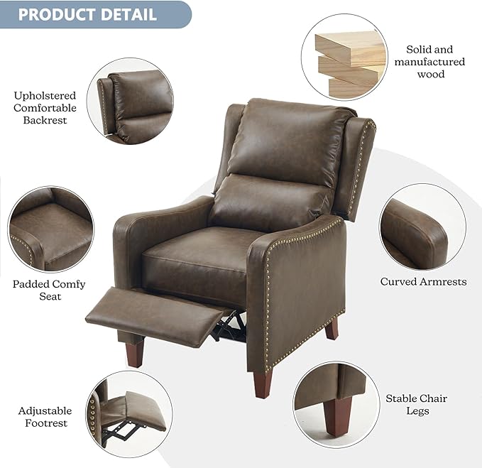 Pushback Recliner Chair, PU Leather Push Back Armchair, Upholstered Recliner Chair 105-135 Degree Adjustable, Retro Accent Chair for Living Room Bedroom - Gray