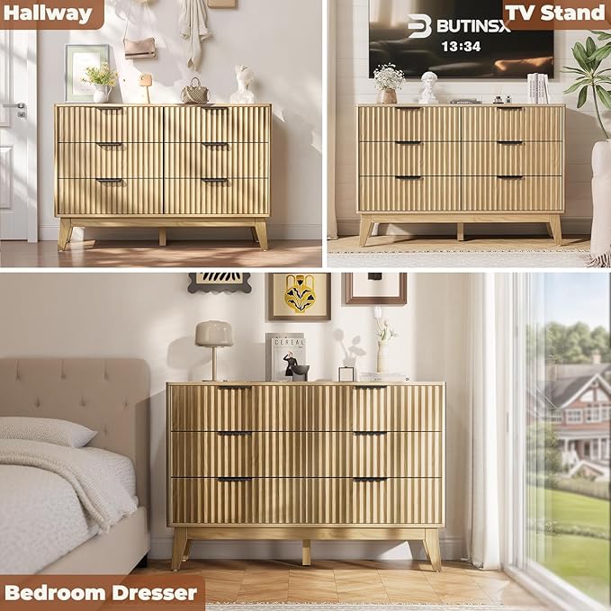 Modern 6 Drawer Dresser, Natural Oak, Fluted Wave Design, Rounded Corners, Mid Century Dresser TV Stand, 48" Wide Chest of Drawers for Bedroom and Living Room