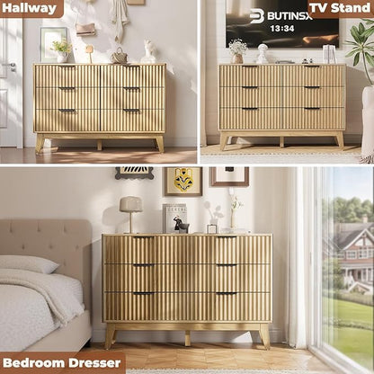 Modern 6 Drawer Dresser, Natural Oak, Fluted Wave Design, Rounded Corners, Mid Century Dresser TV Stand, 48" Wide Chest of Drawers for Bedroom and Living Room
