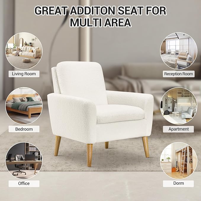 Lohoms White Accent Chair Set of 2 for Living Room, Fluffy Comfy Reading Leisure Chairs for Bedroom, White Teddy Upholstered Sherpa Armchair for Apartment, Small Boucle Sofa Chair with Wood Legs