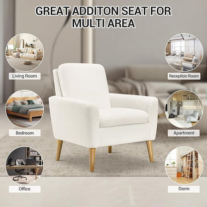 Lohoms White Accent Chair Set of 2 for Living Room, Fluffy Comfy Reading Leisure Chairs for Bedroom, White Teddy Upholstered Sherpa Armchair for Apartment, Small Boucle Sofa Chair with Wood Legs