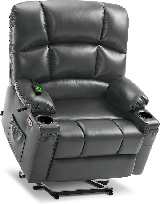 MCombo Oversized Dual Motor Power Lift Recliner Chair Sofa with Massage and Heat for Big Elderly People, Infinite Position, USB Ports, Faux Leather R7677 (Dark Grey, Medium-Oversize)