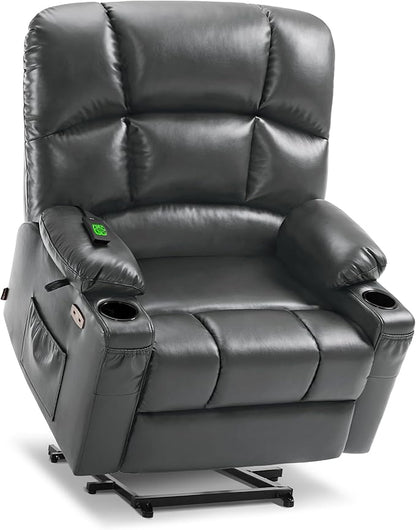 MCombo Oversized Dual Motor Power Lift Recliner Chair Sofa with Massage and Heat for Big Elderly People, Infinite Position, USB Ports, Faux Leather R7677 (Dark Grey, Medium-Oversize)