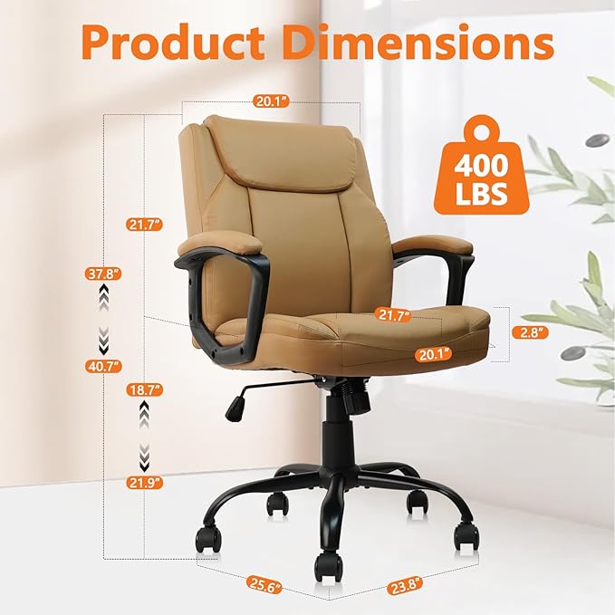CLATINA Brown Office Chair Computer Chairs PU Leather Executive Office Chairs Swivel Adjustable Height Chair with Upholstery Fixed armrest Mid-Back Leather Thick Cushion Office Chair Brown 1Pack