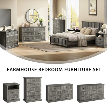 CARPETNAL Farmhouse 6 Drawer Dresser for Bedroom, 55 Inch Wide Modern Grey Dresser TV Stand with Large Drawers & Bar Handles, Rustic Wood Chest of Drawers for Bedroom, Living Room, Hallway, Entryway.