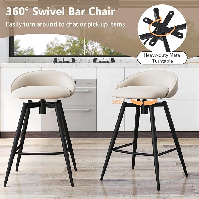 COSTWAY Bar Stools Set of 4, 25" Upholstered Counter Height 360° Swivel Bar Stools w/Backrest & Footrest, Heavy-Duty Metal Frame Armless Breakfast Chairs for Kitchen, Living Room (Set of 4,Beige)