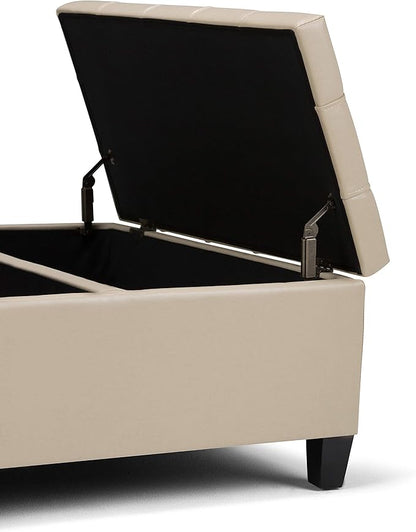 SIMPLIHOME Harrison Coffee Table Storage Ottoman - 36 inch Wide Upholstered Vegan Leather Square Lift-Top Ottoman in Satin Cream, Transitional Ottoman for Living Room with Hidden Storage