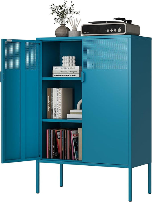Blue Metal Storage Cabinet - 3 Tier Steel Office Storage Cabinet with Doors and Shelves for Home, Office and Kitchen